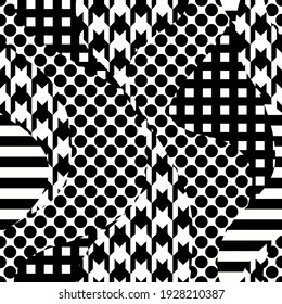 Fashion seamless pattern. Patchwork with polka dots, houndstooth, stripes and check.