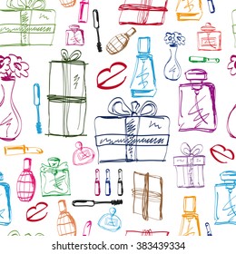 Fashion seamless pattern. Perfumery, lipstick and gift Vector illustration. 