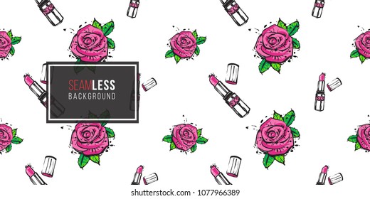 Fashion seamless pattern with pink lipstick and rose flowers. Eco green natural makeup and accessories stickers and patches. Vector pattern background.