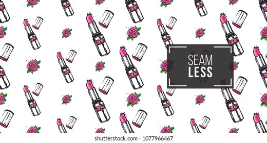 Fashion seamless pattern with pink lipstick and rose flowers. Eco green natural makeup and accessories stickers and patches. Vector pattern background.