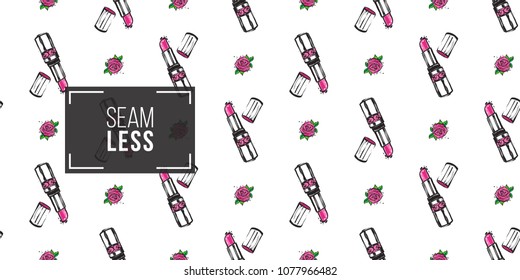 Fashion seamless pattern with pink lipstick and rose flowers. Eco green natural makeup and accessories stickers and patches. Vector pattern background.