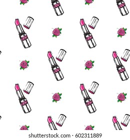 Fashion seamless pattern with pink lipstick and rose flowers. Green natural makeup and accessories stickers and patches collection. Vector fashion illustration in vogue style.