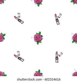 Fashion seamless pattern with pink lipstick and rose flowers. Green natural makeup and accessories stickers and patches collection. Vector fashion illustration in vogue style.