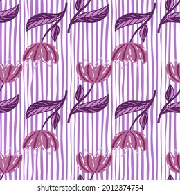 Fashion seamless pattern with purple poppy flowers elements. Striped background. Natural backdrop. Great for fabric design, textile print, wrapping, cover. Vector illustration.