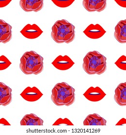 Fashion seamless pattern with red lips and beautiful flowers, wallpaper print, fabric pattern, background. Vector illustration.