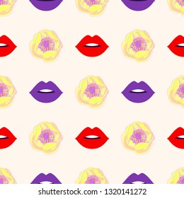 Fashion seamless pattern with red lips and beautiful flowers, wallpaper print, fabric pattern, background. Vector illustration.