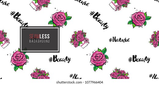 Fashion seamless pattern with rose flowers and hashtags: nature, beauty. Eco green natural stickers and patches. Vector fashion floral illustration in vogue style.