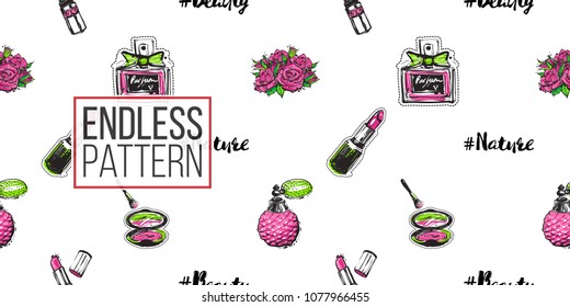 Fashion seamless pattern with rose flowers and cosmetics accessories for women. Eco green natural makeup and accessories stickers and patches. Vector pattern background.