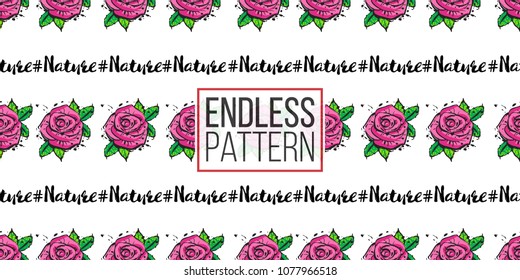 Fashion seamless pattern with rose flowers and hashtag nature. Eco green natural makeup and accessories stickers and patches. Vector pattern background.