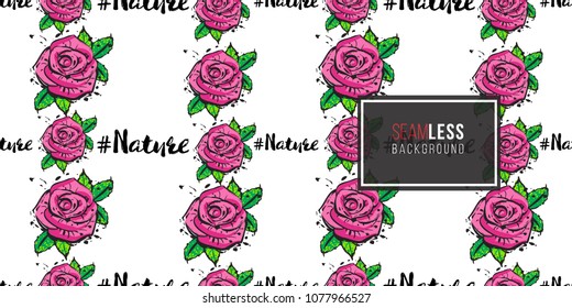 Fashion seamless pattern with rose flowers and hashtag nature. Eco green natural makeup and accessories stickers and patches. Vector pattern background.