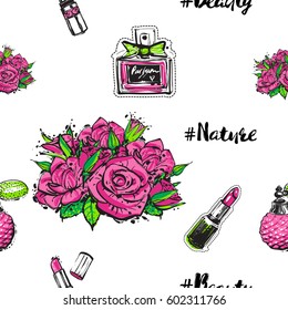 Fashion seamless pattern with rose flowers and cosmetics accessories for women. Green natural makeup and accessories stickers and patches collection. Vector fashion illustration in vogue style.