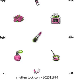 Fashion seamless pattern with rose flowers and cosmetics accessories for women. Green natural makeup and accessories stickers and patches collection. Vector fashion illustration in vogue style.