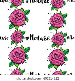 Fashion seamless pattern with rose flowers and hashtag nature. Green natural makeup and accessories stickers and patches collection. Vector fashion illustration in vogue style.