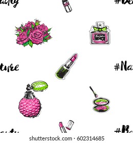 Fashion seamless pattern with rose flowers and cosmetics accessories for women. Green natural makeup and accessories stickers and patches collection. Vector fashion illustration in vogue style.