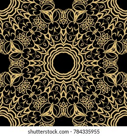 fashion seamless pattern with round lace ornament. floral style. vector illustration. black gold color