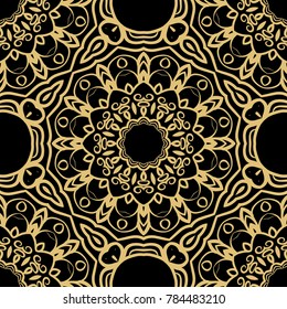 fashion seamless pattern with round lace ornament. floral style. vector illustration. black gold color