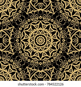 fashion seamless pattern with round lace ornament. floral style. vector illustration. black gold color