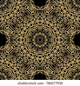 fashion seamless pattern with round lace ornament. floral style. vector illustration. black gold color