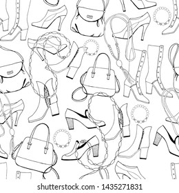 Fashion. Seamless pattern: shoes, boots, bag, jewelry. Black and white drawing. Vector