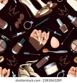 Fashion Seamless pattern with shoes, nails, manicure, makeup. Beauty Seamless Background. Seamless Pattern with Fashion Accessories. Perfect for Beauty Salon decoration, Beauty Blog, Fashion Blog. 