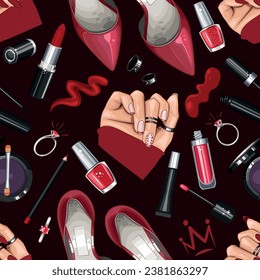 Fashion Seamless pattern with shoes, nails, manicure, makeup. Beauty Seamless Background. Seamless Pattern with Fashion Accessories. Perfect for Beauty Salon decoration, Beauty Blog, Fashion Blog. 