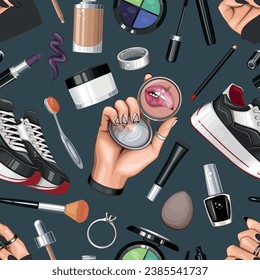 Fashion Seamless pattern with shoes, nails, manicure, makeup. Beauty Seamless Background. Seamless Pattern with Fashion Accessories. Perfect for Beauty Salon decoration, Beauty Blog, Fashion Blog. 