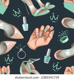 Fashion Seamless pattern with shoes, nails, manicure, makeup. Beauty Seamless Background. Seamless Pattern with Fashion Accessories. Perfect for Beauty Salon decoration, Beauty Blog, Fashion Blog. 
