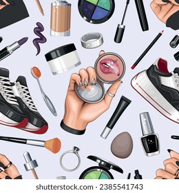 Fashion Seamless pattern with shoes, nails, manicure, makeup. Beauty Seamless Background. Seamless Pattern with Fashion Accessories. Perfect for Beauty Salon decoration, Beauty Blog, Fashion Blog. 