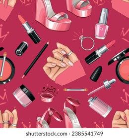 Fashion Seamless pattern with shoes, nails, manicure, makeup. Beauty Seamless Background. Seamless Pattern with Fashion Accessories. Perfect for Beauty Salon decoration, Beauty Blog, Fashion Blog. 
