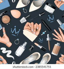 Fashion Seamless pattern with shoes, nails, manicure, makeup. Beauty Seamless Background. Seamless Pattern with Fashion Accessories. Perfect for Beauty Salon decoration, Beauty Blog, Fashion Blog. 