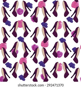 Fashion seamless pattern with shoes and watercolor dots on background