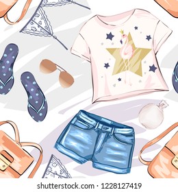 Fashion seamless pattern. Summer print with flamingo. Vector illustration