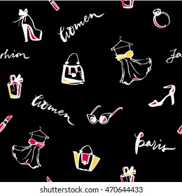 Fashion seamless pattern. Sunglasses, red lipstick, dress, bags, perfume, heels background. Hand drawn vector illustration. Glamour texture