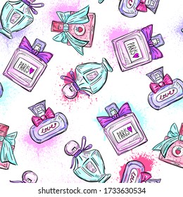 Fashion Seamless Pattern for woman with bottle of perfume. Girl abstract print hand drawing style Background