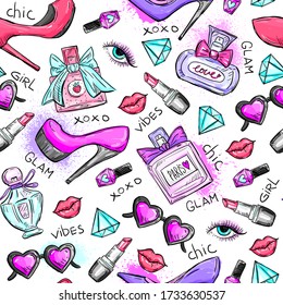 Fashion Seamless Pattern for woman with perfume, lipstick, nail polish, shoes, lips and other elements. Girl abstract print hand drawing style Background