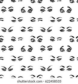 Fashion Seamless Pattern With Woman's Eyes Face Expressions: Wink, Shine Eyes, Surprised, Gaze, Angry Sight, Smirk. Hand Drawn Vector Art On White Background.