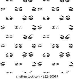 Fashion seamless pattern with woman's eyes face expressions: wink, shine eyes, surprised, gaze, angry sight, smirk. Hand drawn vector art on white background.