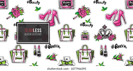 Fashion seamless pattern with women's clothes, cosmetics accessories and rose flowers. Eco green natural makeup and accessories stickers and patches. Vector pattern background.