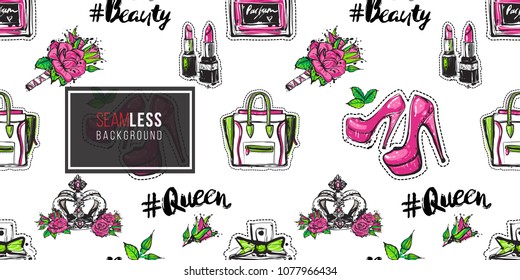 Fashion seamless pattern with women's clothes, cosmetics accessories and rose flowers. Eco green natural makeup and accessories stickers and patches. Vector pattern background.