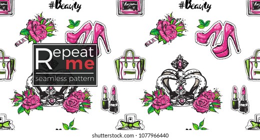 Fashion seamless pattern with women's clothes, cosmetics accessories and rose flowers. Eco green natural makeup and accessories stickers and patches. Vector pattern background.