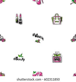 Fashion seamless pattern with women's clothes, cosmetics accessories and rose flowers. Green natural makeup and accessories stickers and patches collection. Vector fashion illustration in vogue style.