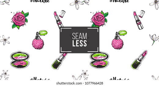 Fashion seamless pattern with women's cosmetics accessories and flowers. Eco green natural makeup and accessories stickers and patches. Vector pattern background.