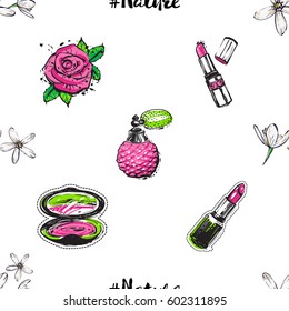 Fashion seamless pattern with women's cosmetics accessories and flowers. Green natural makeup and accessories stickers and patches collection. Vector fashion illustration in vogue style.