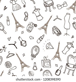 Fashion seamless pattern.Doodle Paris France Eiffel tower,women dress,clothes,accessories,symbol, hand drawing background,vacation Sketches,travel wallpaper