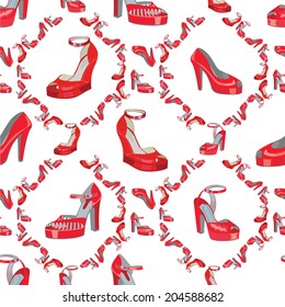  Fashion seamless pattern.Female's colored red high heel shoes .Bright summer composition. Fashion vector Illustration