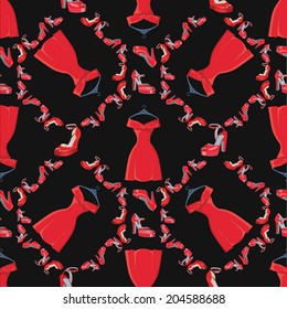  Fashion seamless pattern.Female's colored red high heel shoes and dresses .Bright summer composition. Fashion vector Illustration