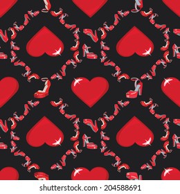  Fashion seamless pattern.Female's colored red high heel shoes with volume heart .Bright summer composition. Fashion vector Illustration