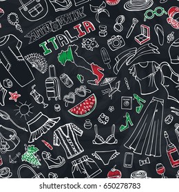 Fashion seamless pattern.Italy.Vector Women summer vacation.Dress,clothes,accessories.Fashionable doodle background.Fashion Italy Summer.