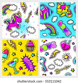 Fashion Seamless Patterns Collection With Colorful Pop Elements In Comic Style Vector Illustration