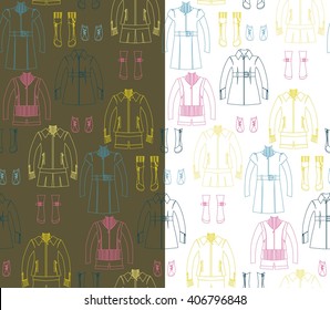 Fashion seamless patterns vector illustrations. Girls clothing pattern. Line art.